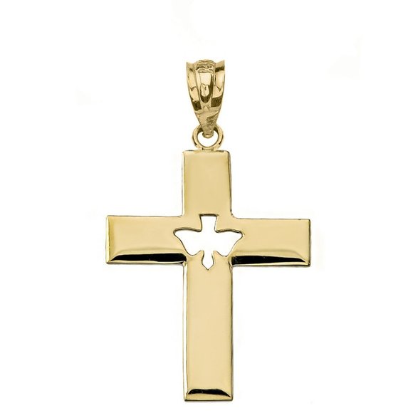 14K Solid Gold Religious Cross Cut-Out Holy Spirit Dove Pendant -